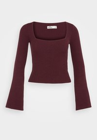 Bordowa prążkowana bluzka z długim rękawem, kwadratowym dekoltem, dopasowanym gorsetem i rozszerzanymi rękawami. Teksturowany materiał z pionowymi liniami.