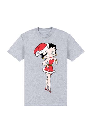 Grå t-shirt med en tegneseriefigur i en rød kjole og juleslips, iført guldringe og røde hæle. Figuren står i en legesyg position.