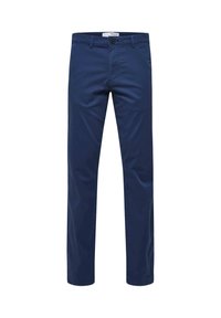 Tmavě modré bavlněné kalhoty s rovným střihem, zavíráním na knoflíky vpředu a standardními kapsami. Hladká textura, bez viditelných vzorů.