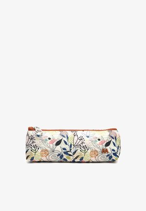 Schlankes Federmäppchen mit Reißverschluss, versehen mit einem bunten abstrakten Blumenmuster in Blau-, Grün-, Rosa- und Orangetönen auf weißem Hintergrund.
