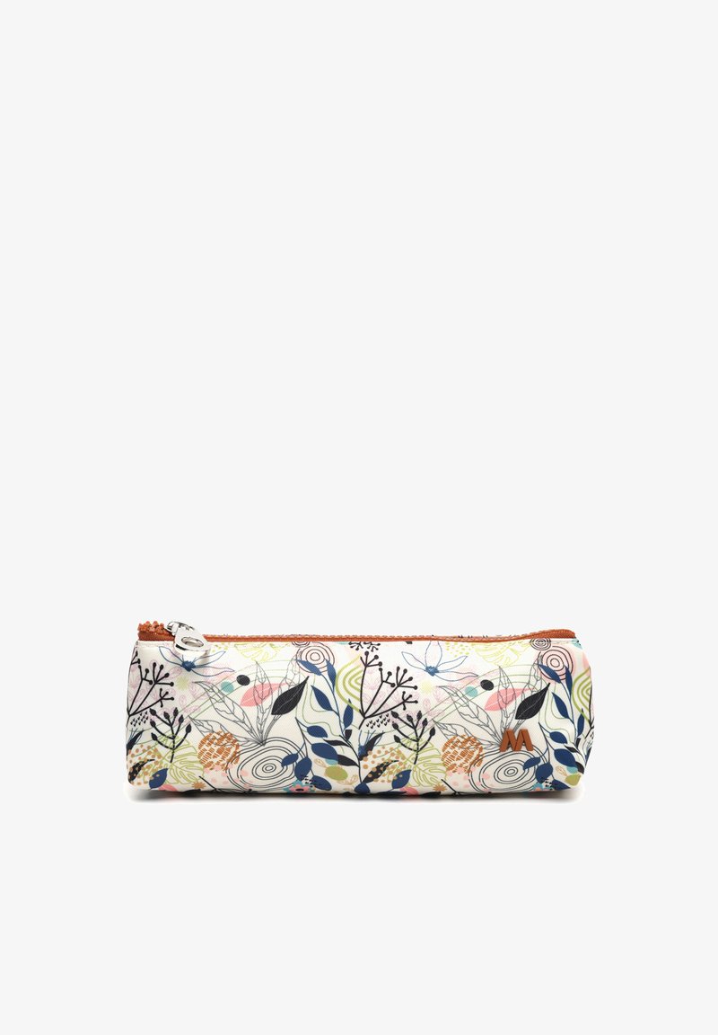 Estuche delgado con cremallera, con un patrón floral abstracto colorido en tonos azul, verde, rosa y naranja sobre un fondo blanco.