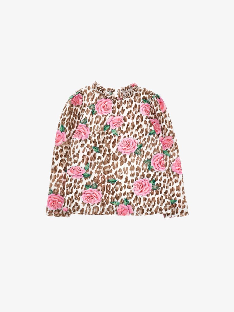 Langärmliges Oberteil mit Leopardenmuster, verziert mit rosa Rosen- und grünen Blattapplikationen, einem gerafften Ausschnitt und weichem Stoff.