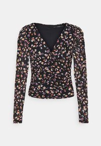 Maglietta a maniche lunghe con scollatura a V profonda, in base nera con stampa leopardata multicolore; lati arricciati e tessuto testurizzato.