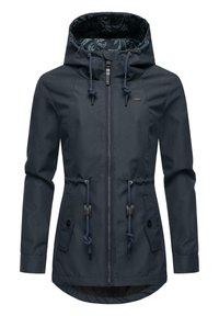 Navy blue waterproof jacket with a zip front, drawstring hood, and two side pockets. Features an inner floral pattern. Smooth texture.