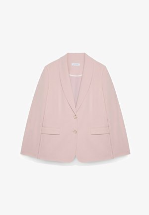 Lyserød skræddersyet blazer med en indhakskrave, to forlommer og to knapper. Glat stof med et struktureret design.