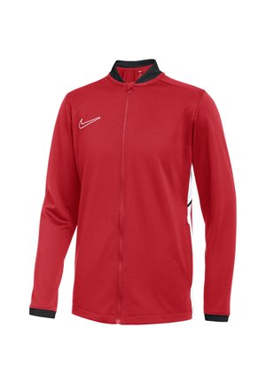 Rote Sportjacke mit durchgehendem Reißverschluss, schwarzem Kragen und Bündchen, weißen Seitenpaneelen und weißem Nike-Swoosh-Logo auf der Brust.