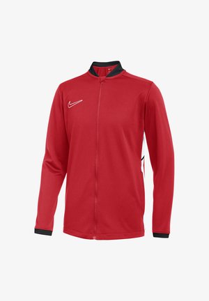 Rote Sportjacke mit durchgehendem Reißverschluss, schwarzem Kragen und Bündchen, weißen Seitenpaneelen und weißem Nike-Swoosh-Logo auf der Brust.