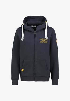 Marineblauwe hoodie met ritssluiting, gemaakt van katoen, voorzien van een capuchon met trekkoord, zakken aan de voorkant en gele geborduurde tekst op de borst en mouw.