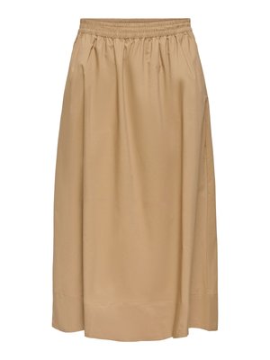 Bež krilo do kolen z elastičnim pasom in mehko naborki, izdelano iz gladke, lahke tkanine.