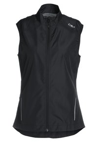Czarna bezrękawnikowa kamizelka wykonana z materiału syntetycznego. Posiada wysoki kołnierz, zamek błyskawiczny z przodu oraz odblaskowe akcenty po obu stronach.