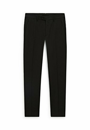 Sorte slim-fit bukser med bæltestropper, forreste knap, lynlås lukning og sidelommer, vist fladt på en hvid baggrund.