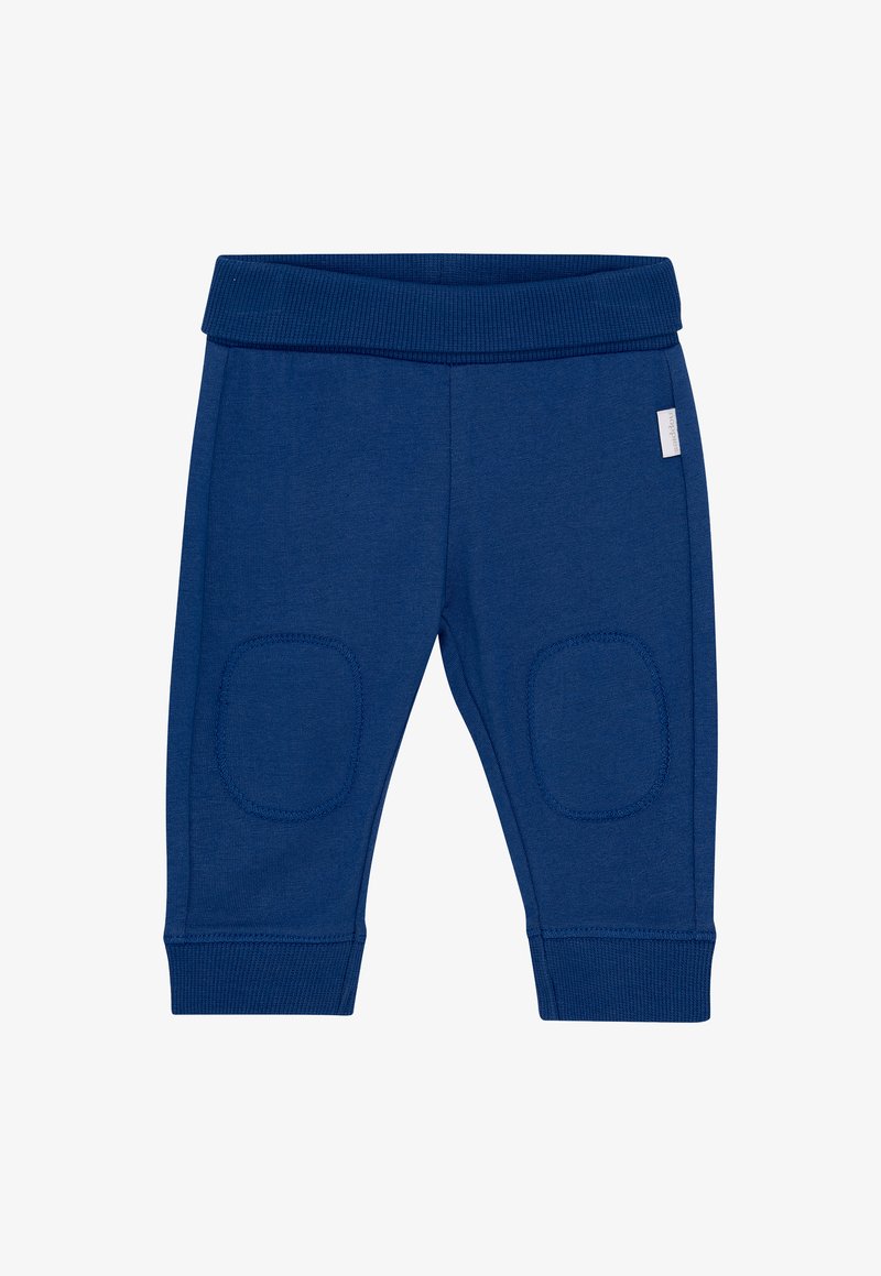 Blaue Kleinkind-Hosen mit geripptem Bund, Knieflicken und Bündchen, ausgestattet mit einem kleinen Seitenetikett am rechten Bein.