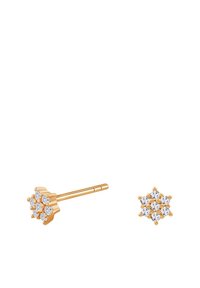 Złote kolczyki w kształcie wkrętek z motywem kwiatu, wzbogacone wieloma przezroczystymi, okrągłymi kryształami osadzonymi na fakturowanej, kwiatowej bazie.