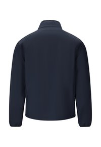 Mörkblå vattentät jacka med hög krage, långa ärmar och elastiska manschetter. Slät textur, minimalistisk design utan synlig hårdvara.