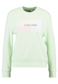 Světlé zelené tričko s dlouhými rukávy, kulatým výstřihem a obdélníkovým grafickým motivem na přední straně v bledě růžové barvě s černým nápisem "Calvin Klein".