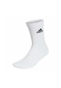 Calcetín deportivo de algodón blanco con puño acanalado, con un logotipo negro de Adidas cerca de la parte superior. Textura suave con puntera y talón reforzados.