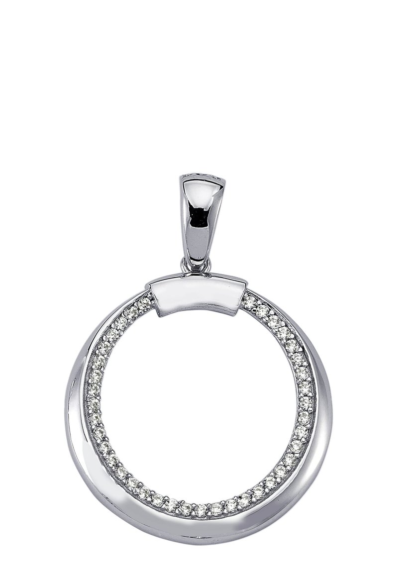 Pendentif circulaire en argent avec une bordure de zircone cubique étincelante et une finition lisse et polie. L'anneau est arrondi et élégant.