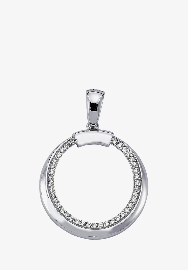 Pendentif circulaire en argent avec une bordure de zircone cubique étincelante et une finition lisse et polie. L'anneau est arrondi et élégant.