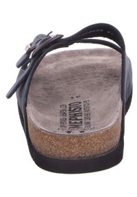 Infradito in pelle nera con suola in sughero, soletta in camoscio, fibbia regolabile e suola nera a profilo basso. Marchio visibile sulla soletta.