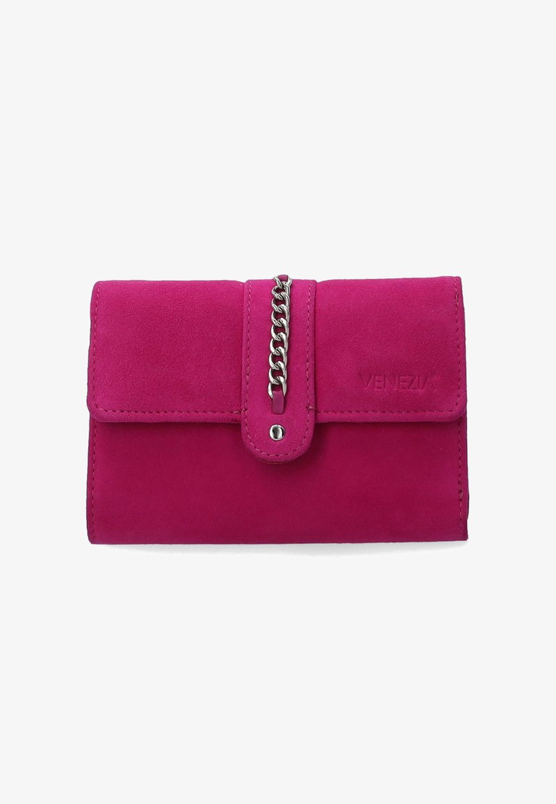 Pink suede wallet with flap closure, featuring a silver chain accent along the center and embossed brand name,VENEZIA, on the front.