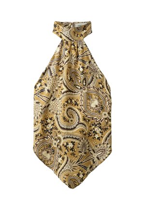 Hodvábny top s halter výstrihom na krk v horčicovo žltej farbe so zložitým hnedým, smotanovým a čiernym paisley kvetinovým vzorom.