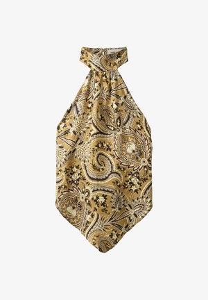 Top de seda con cuello halter, base color mostaza y un complejo patrón floral de cachemira en marrón, crema y negro.