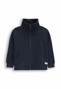 Granatowa kurtka na zamek błyskawiczny z wysokim kołnierzem, żebrowanymi akcentami na ramionach, dwoma przednimi kieszeniami oraz elastycznymi mankietami i dołem. Wykonana z miękkiego materiału.