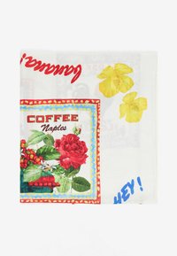 Weißes quadratisches Tuch mit einem Grafikdesign einer roten Rose, gelben Blumen und buntem Text; umrandet von blauen und roten Mustern.