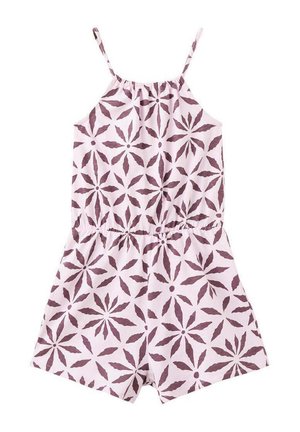 Combinaison rose sans manches avec fines bretelles, taille élastique et motif floral géométrique violet foncé.