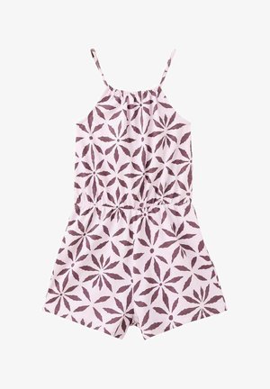 Combinaison rose sans manches avec fines bretelles, taille élastique et motif floral géométrique violet foncé.