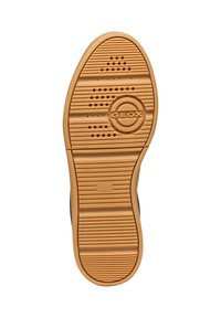 Suola in gomma beige con scanalature orizzontali e verticali, dotata di perforazioni e di un logo circolare "GEOX" nella zona del tallone.