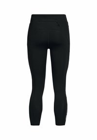 Leggings sportivi neri con vita alta, dotati di una tasca posteriore con zip e dettagli laterali, realizzati in materiale elastico.
