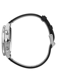Herrenarmbanduhr mit Edelstahlgehäuse, schwarzem Gummiband, Chronographenfunktionen, rundem Ziffernblatt und silbernen Akzenten.