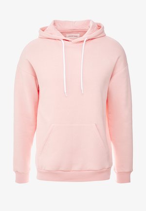 Jasnoróżowa bluza z kapturem z białymi sznurkami, przednią kieszenią typu kangur oraz ściągaczami na mankietach i dole bluzy.