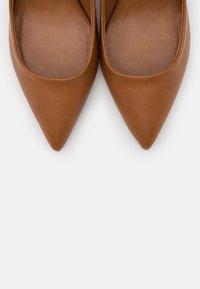 Escarpins en cuir marron à bout pointu, texture lisse, design minimaliste, sans éléments métalliques apparents ni ornements.