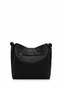 Black leather shoulder bag with a textured finish, featuring a zippered front pocket and adjustable strap. Simple, rounded shape.