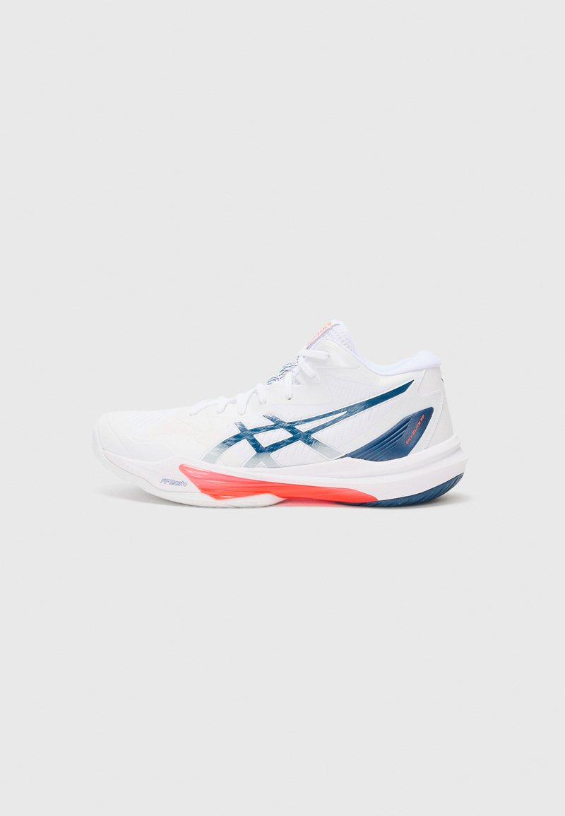 White athletic shoe with blue accents and red sole, featuring a textured upper and a lace-up design for secure fit.