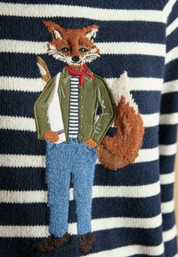 Tikkida foxi karakter kannab roheline jakki, triibulist särki, punast sall ja siniseid pükse, navy triibulise kampsuni peal, millel on valged triibud.