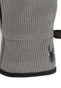 Guante de lana gris con un patrón texturizado, que presenta un logo de araña negra y una correa de sujeción segura en la zona de la muñeca.