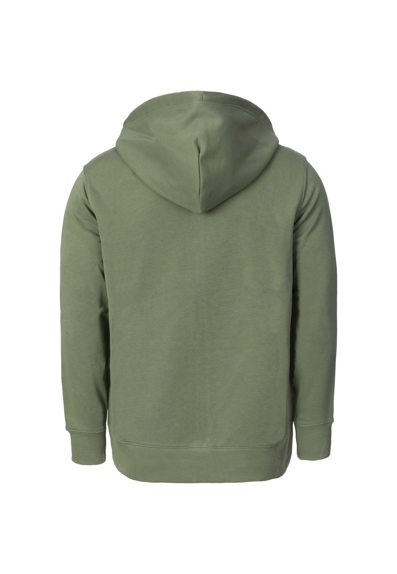 Olivgrüner Hoodie, Rückansicht, mit langen Ärmeln, gerippten Bündchen und angesetzter Kapuze.