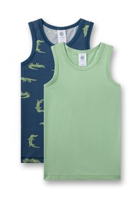 Two sleeveless cotton tank tops: one navy with green crocodile patterns, the other solid light green. Both feature rounded necklines.