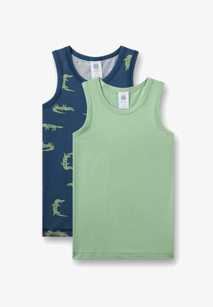 Two sleeveless cotton tank tops: one navy with green crocodile patterns, the other solid light green. Both feature rounded necklines.