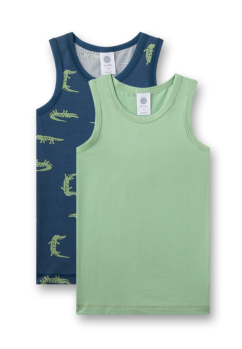 Two sleeveless cotton tank tops: one navy with green crocodile patterns, the other solid light green. Both feature rounded necklines.
