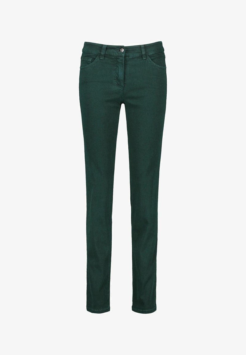 Jeans de mezclilla verde con un ajuste ajustado, que incluyen pasadores para cinturón, cinco bolsillos y un cierre frontal con botón. Textura suave y material duradero.