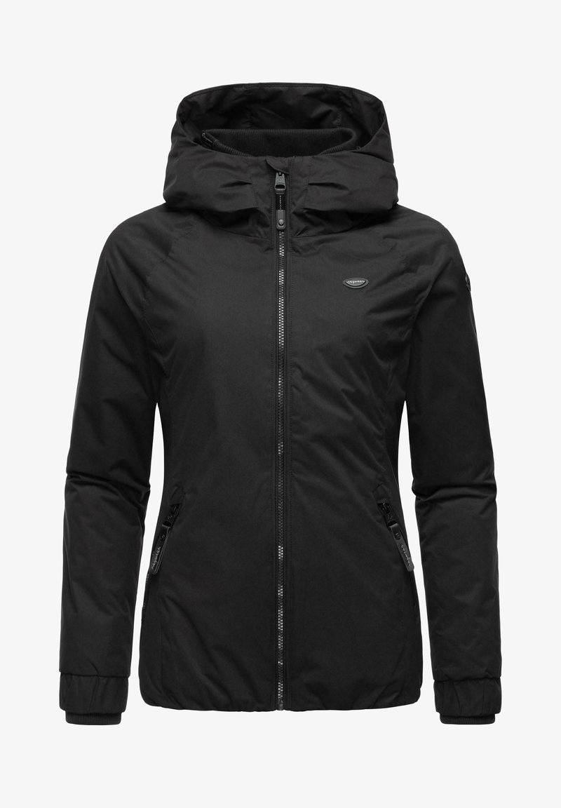 Giacca nera isolante con zip frontale, cappuccio e due tasche laterali. Realizzata in tessuto liscio con polsini a costine e accenti di design semplici.