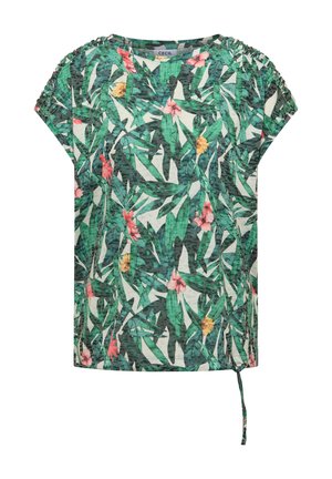 Zielony top z krótkim rękawem w tropikalne liście i różowe kwiaty, marszczone rękawy i regulowany sznureczek u dołu.