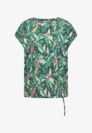 Top verde a maniche corte con stampa di foglie tropicali e fiori rosa, maniche arricciate e coulisse regolabile sull'orlo.