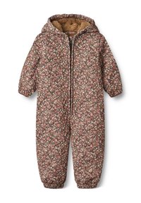 Kombinezon z kwiatowym wzorem na brązowym tle, ocieplany, z zamkiem z przodu, kapturem i elastycznymi mankietami zapewniającymi dopasowanie.