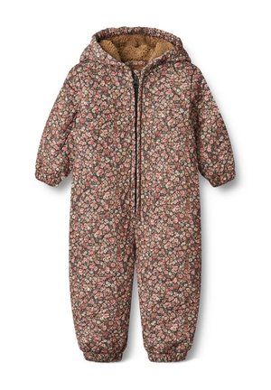 Een eendelig pak met een bloemenpatroon op een bruine basis, gevoerd voor warmte, met een ritssluiting aan de voorkant, een capuchon en elastische manchetten voor een perfecte pasvorm.