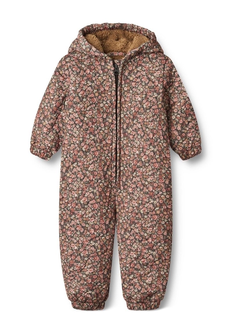 Kombinezon z kwiatowym wzorem na brązowym tle, ocieplany, z zamkiem z przodu, kapturem i elastycznymi mankietami zapewniającymi dopasowanie.
